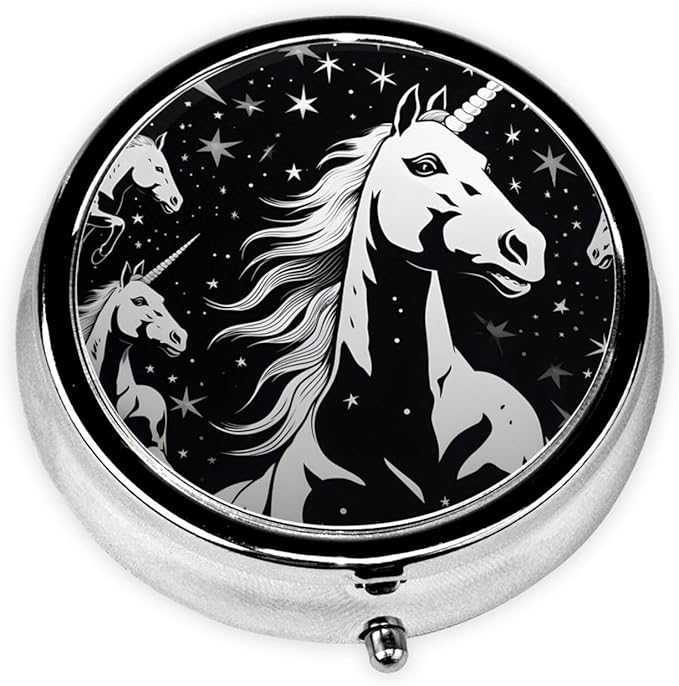 Impressionism Unicorn Horse Pill Box 3 Compartment Pill Case, Portable Medicine Pill Organizer for Pocket Purse Pill Box Decorative Metal Medicine Vitamin Organizer
