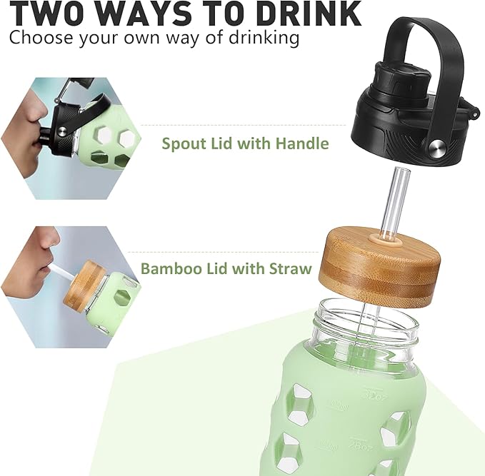 MUKOKO Glass Water Bottles,24oz Glass Tumbler with Straw,Drinking Bottles with 2 Lids-Handle Spout Lid&Bamboo Straw Lid,Motivational Water Bottle with Time Marker and Silicone Sleeve,1 Pack-Mustard