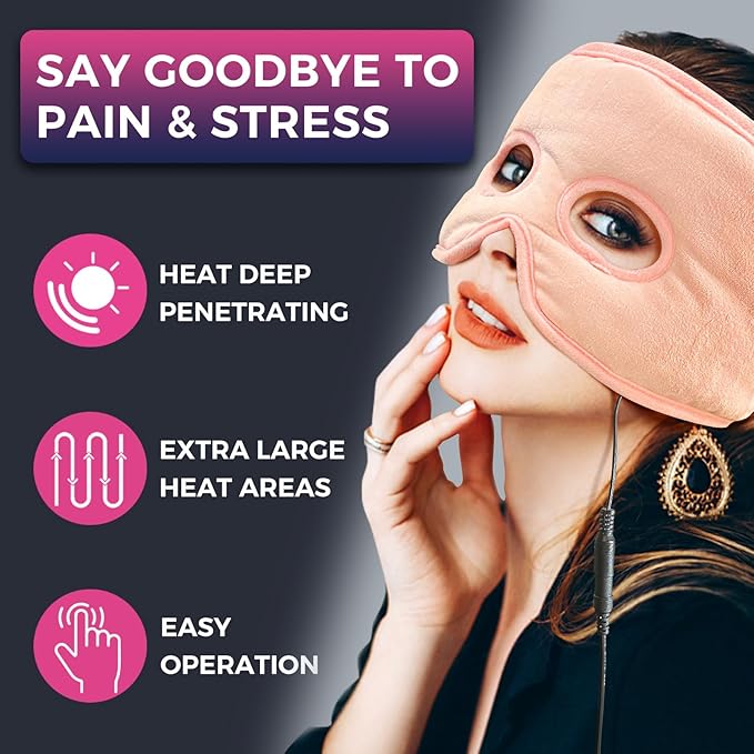 Moist Heat Sinus Pressure Relief Mask with 3 Heat Settings, Extra Large Face Heating Pad for Eyes, Sinusitis, Hormone Migraine, Tension Headache Relief