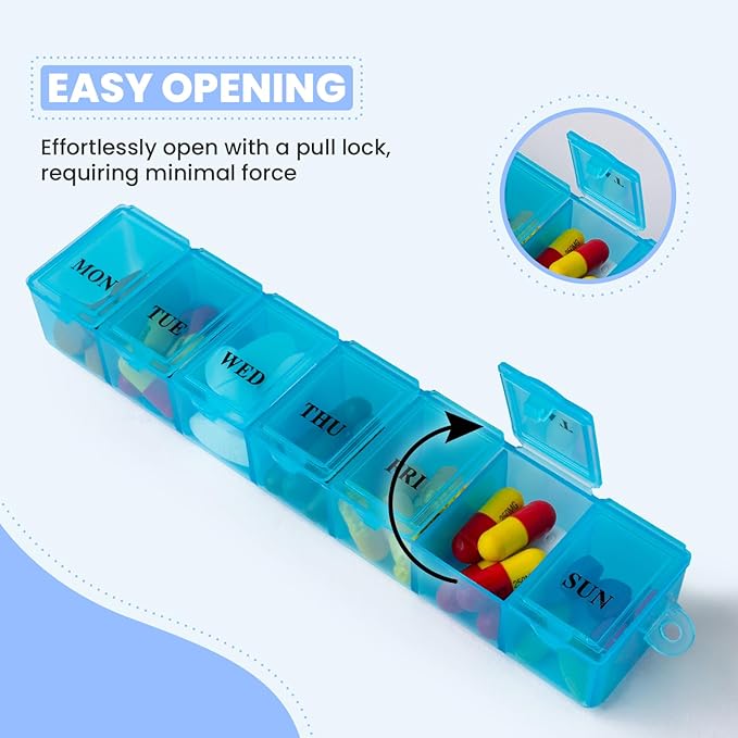 2 Pack Pill Box Weekly Pill Organizer Blue - Daily Pill Organizer, 7 Days One-Time-A-Day, Easy to Open Lids, Pop Up Compartments, Portable for Travels - Safe Material by December Springs