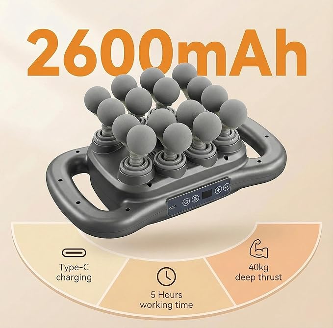 16-Head Deep Tissue Body Massager with Heat, 3 Modes & 30 Intensities, Multi-Head Back Massager for Full Body Relief, Quiet Percussion Massager for Back, Neck, Legs, Waist,2600mAh Battery