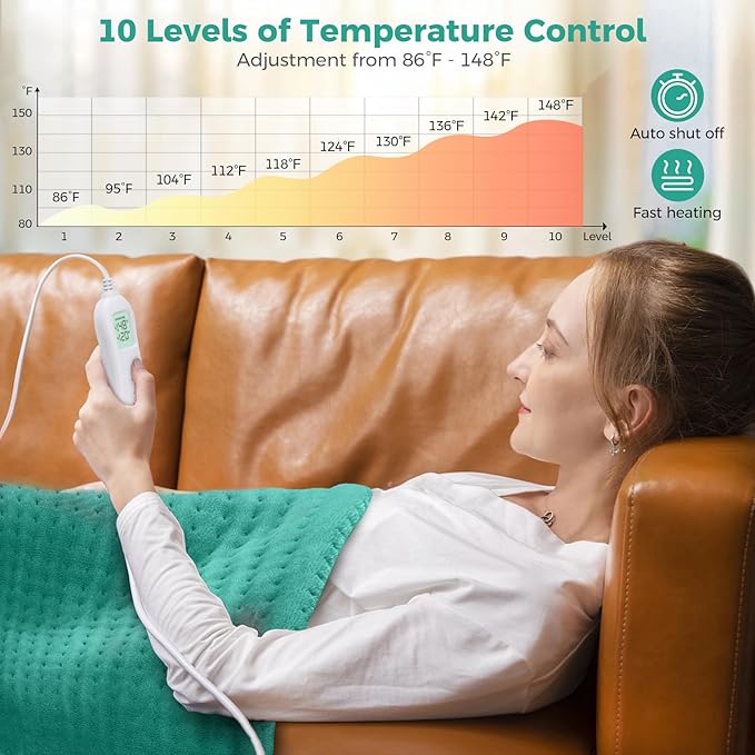 NOWWISH Heating Pad for Back Pain Relief & Period Cramps, 33x17 Inches Electric Heating Pad with 10 Heat Settings, Timer and Auto Shut-Off, Machine Washable, Mothers Day Gifts for Mom Women, Green
