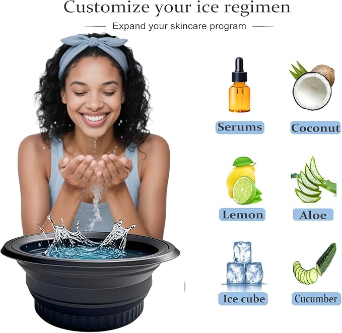 Face Bowl for Ice with Built-in Tray – Collapsible Silicone Face Bath Bowl for Cooling Skin – Portable Design for Home & Travel (Dark)