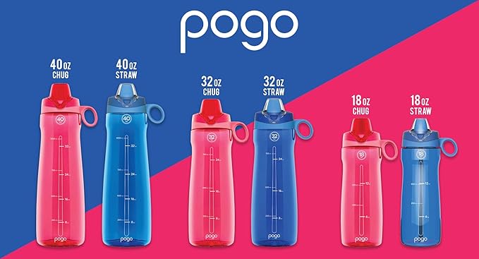 Pogo Plastic Water Bottle with Straw Lid and Carry Handle, Reusable, BPA Free, Dishwasher Safe, Perfect for Travel, School, Outdoors, and Gym | 32oz, 40oz