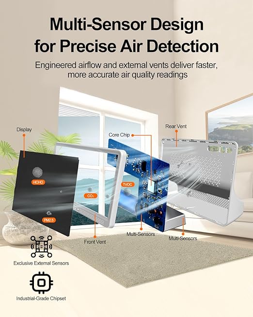 16 in 1 Indoor Air Quality Monitor, 7" LED Display 9 AQI+7 AQI Auto Alerts Air Quality Meter for CO2 Monitor/HCHO/TVOC/Temperature/Humidity, Battery Powered, Air Detector Air Quality Tester for Home