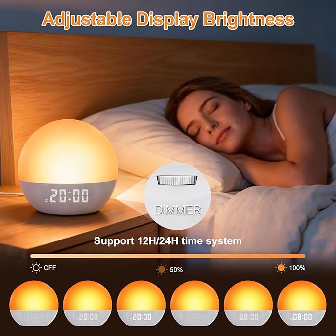 Sunrise Alarm Clock, White Noise Sound Machine, Gentle Alarm Clocks for Bedrooms, Natural Linen, 24 Soothing Sounds, 17 Night Lights, Dimmable Clock, Dual-Alarm for Heavy Sleepers