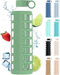 purifyou 40oz / 32oz / 22oz / 12oz Borosilicate Glass Water Bottle with Time & Volume Markers, Silicone Sleeve, Stainless Steel Lid | Reusable Glass Bottle for Water & Juice (32oz Shale Green)