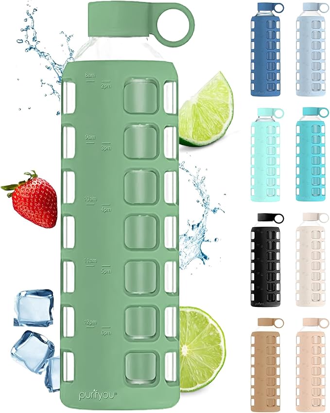 purifyou 40oz / 32oz / 22oz / 12oz Borosilicate Glass Water Bottle with Time & Volume Markers, Silicone Sleeve, Stainless Steel Lid | Reusable Glass Bottle for Water & Juice (32oz Shale Green)