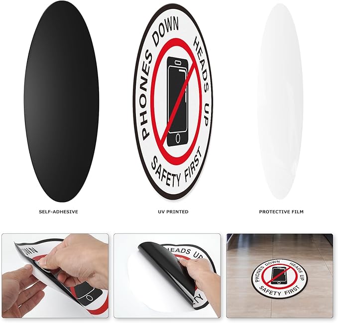 Phones Down Heads Up Stickers Vinyl 12 Inch Self-Adhesive Safety First Sign Waterproof Floor Decals for Office Warehouse 10 PCS