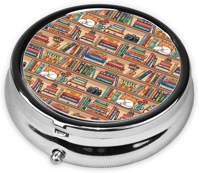 Round Pill Box,3 Compartment Mini Decorative Pocket Purse Portable Travel Medicine Tablet Vitamin Holder Organizer Pill Case,Sleeping Cat Library Bookshelf