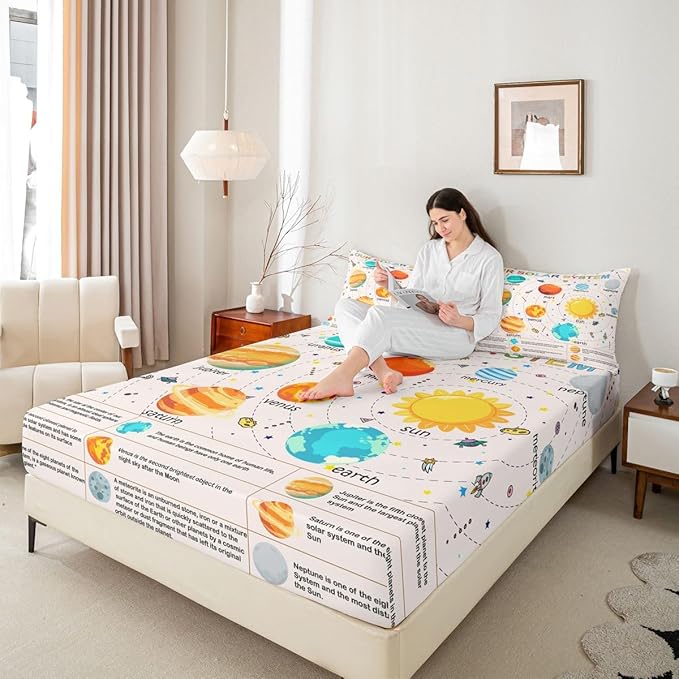 Solar System Fitted Sheet Twin, Outer Space Bedding Set Educational Bed Sheet Set for Kids Planet Solar System Bed Cover Lightweight