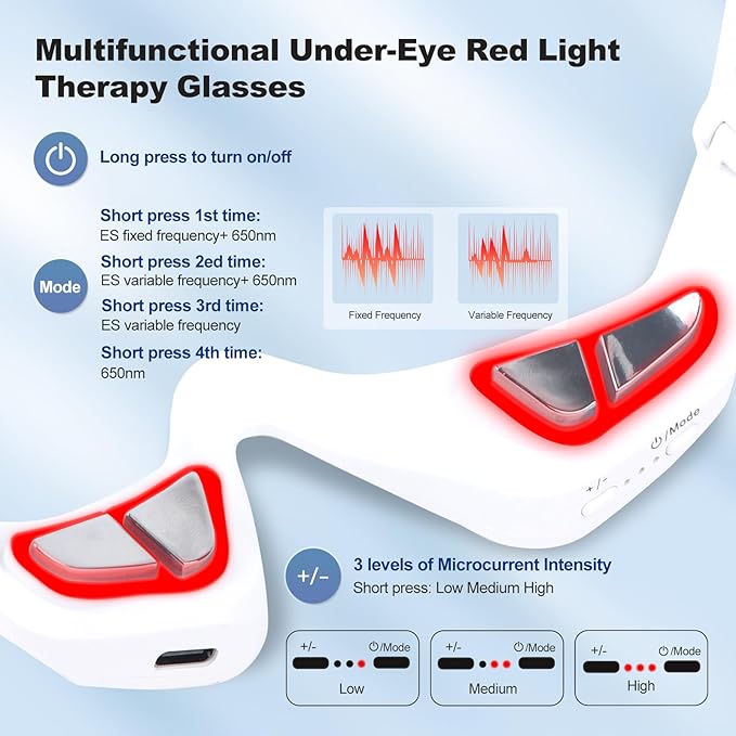 3D Wrap-Around Under-Eye Red Light Therapy Glasses, Adjustable Microcurrent Eye Massager for Dark Circles, Puffiness & Wrinkles, Rechargeable Under Eyes Treatment for Women Eye Bags