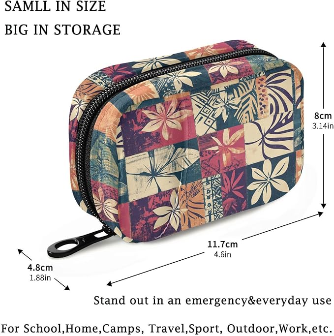 Fustylead Hawaiian Tapa Tribal Elements and Hibiscus Flowers Patch Pill Organizer for Purse, Weekly Portable Pill Box with Zipper to Storage Vitamins Fish Oils Medications Supplements