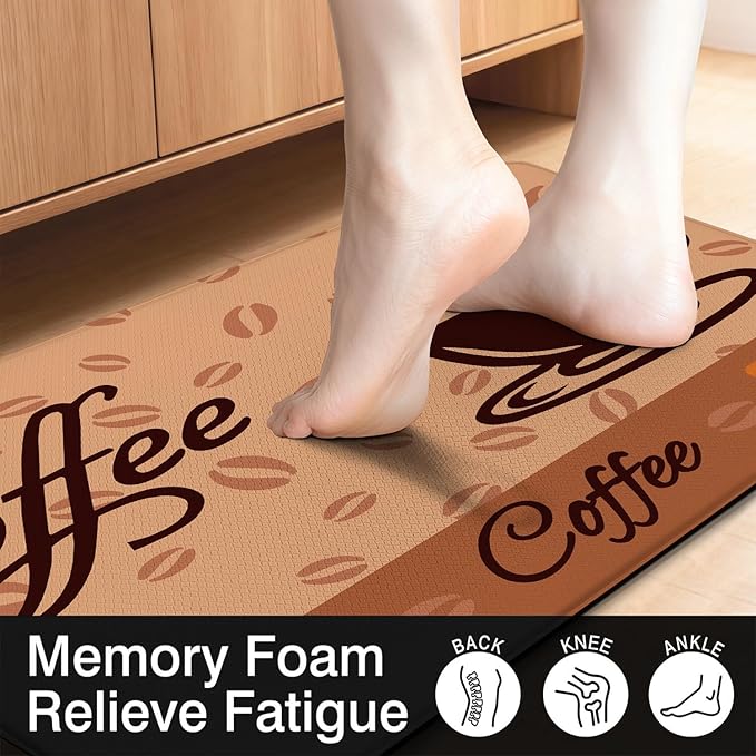 Anti Fatigue Kitchen Rugs Set of 2, Coffee Kitchen Mats for Floor, Farmhouse Kitchen Decor, Anti-Slip and Anti-Fatigue Foam Standing Mat, 17x30 inch Sink Mat+17x47 inch Runner Rug Brown