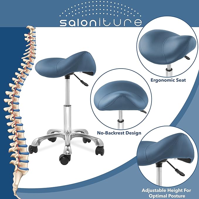 Saloniture Professional Ergonomic Saddle Stool, Blue - Adjustable Hydraulic Seat, Rolling Spa Salon, Massage, and Medical Office Chair with Swivel Wheels