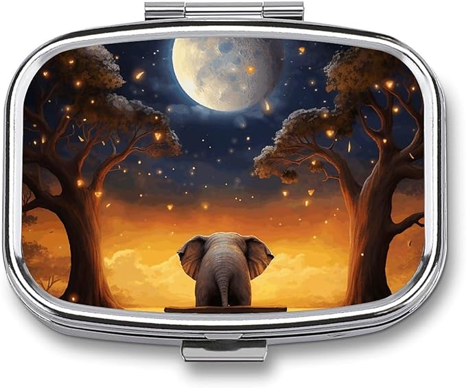 Animal Elephant Owl Tree Moon Star Pill Box Small Metal Pill Case for Purse & Pocket 2 Compartment Pill Organizer with Mirror Travel Pillbox Medicine Case Portable Pill Container Unique Gift