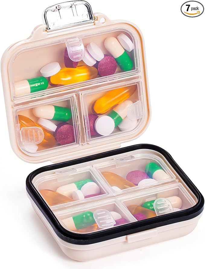 Daviky Travel Pill Organizer,Small 7-Compartment Pill Box for Vitamins & Medications, Compact Medicine Case for Pocket or Purse(White)