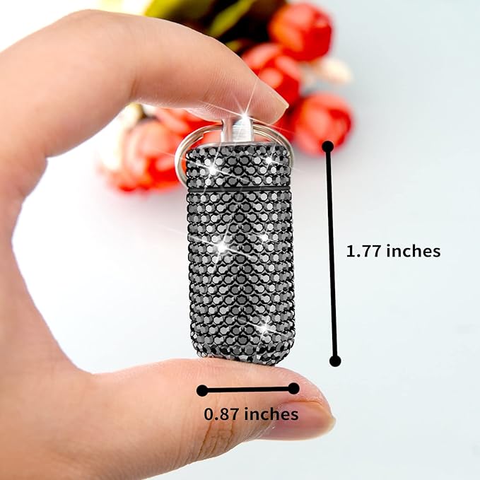 Yuchew Bling Pill Case Pill Container Rhinestone Pill Box Portable Waterproof Pocket Pill Holder Storage Bottle with Keychain for Travel, Outdoor, Camping (Gray)