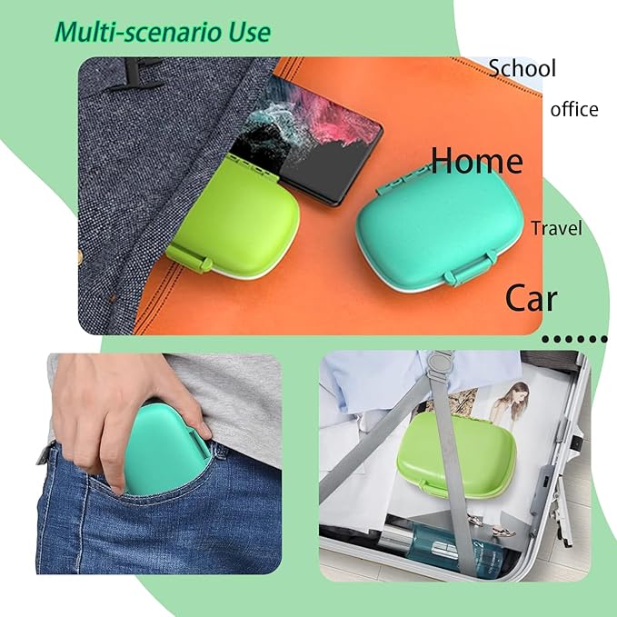 2-Pack 8-Compartment Travel Pill Organizer & Daily Pill Box | Leak-Proof Portable Medicine Container with 81 Replaceable Labels | Compact for Home, Office, Travel (Blue & Green)