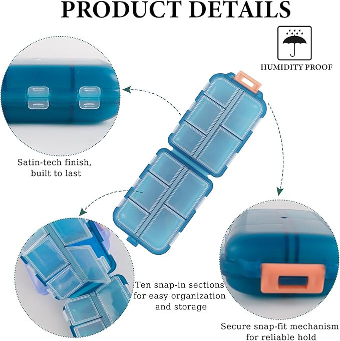 4Pack Travel Pill Organizer - 10 Compartments Pill Case with 64 Stickers, Pill Organizer 2 Times A Day, 20 Days Portable Compartments for Vitamins, Fish Oils, Supplements(Green)