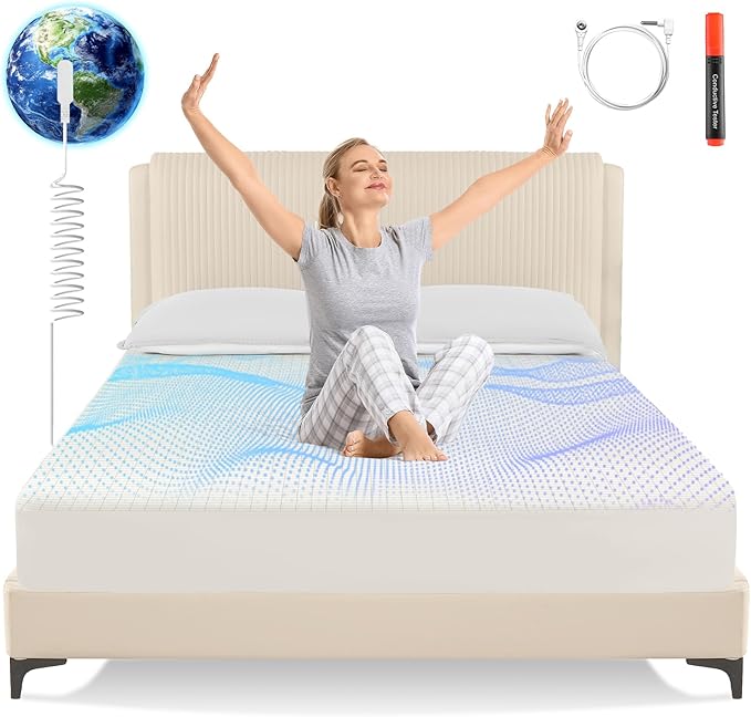 Grounding Sheets Full XL Size,Earth Grounded Fitted Bed Sheet 10% Pure Silver Fiber + 90% Organic Cotton, Bed Grounding Kit with grounding Cord for Improved Sleep & Wellness(Beige, 80"x54"x15")