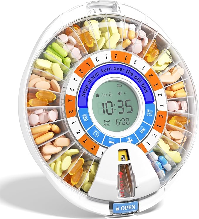 Betife 2nd Gen Automatic Pill Dispenser for Elderly with Alarm – 28 Slots, Key Locked, Alarm & Light Reminder, Mix-Proof, XL Display, 6 Dosage Rings，Easy Setup for Daily Medication （Organizer）