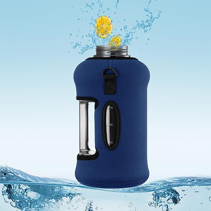 Half Gallon Water Bottle with Straw 74 oz Large Water Bottle Big Gym Water Bottle with Storage Sleeve BPA Free Gallon Water Jug with Handle and Bottle Brush Navy Blue