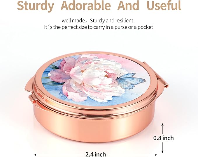Dynippy Pill Case Pill Box with Mirror Pocket 3 Compartment Medicine Case Vitamin Pill Organizer for Pocket Purse and Travel (Round, Rose Gold-Peony Butterfly)