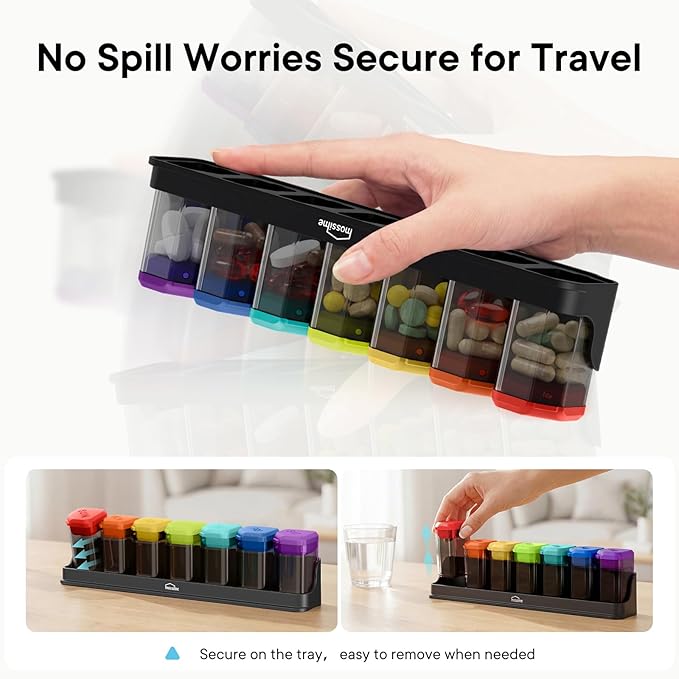 Large Weekly Pill Organizer 1 Time a Day, BPA-Free Pill Dispenser, 7 Day Pill Box with Silicone Lids & Coded Compartments, Spill Proof Portable Case for Vitamins, Seniors & Daily Medication