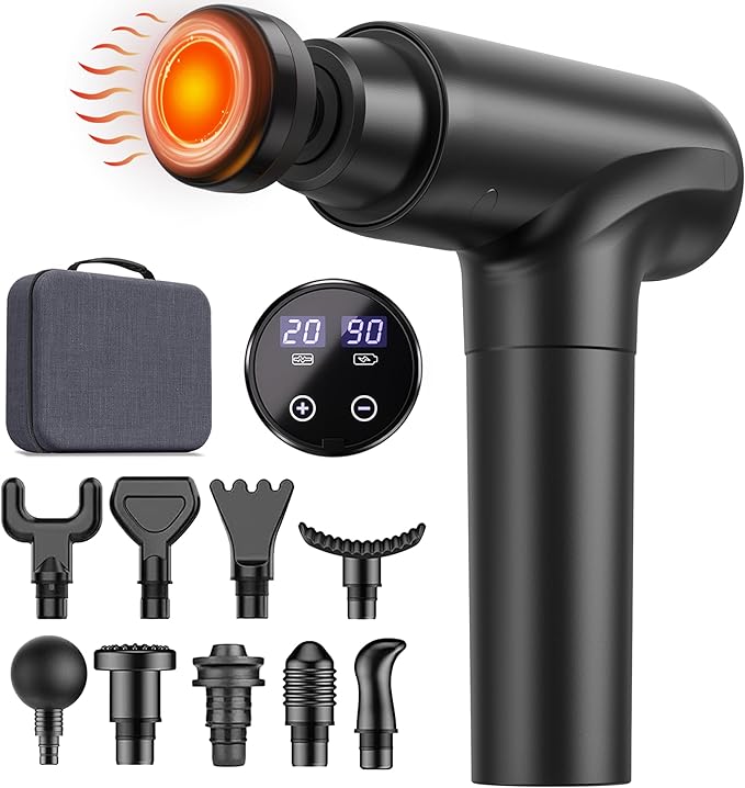cotsoco Massage Gun with Heat Head, Muscle Massage Gun Deep Tissue Back Massager for Pain Relief, 20 Speeds Handheld Electric Massager Tool with Silent Brushless Motor, Gym Office Home Travel Use