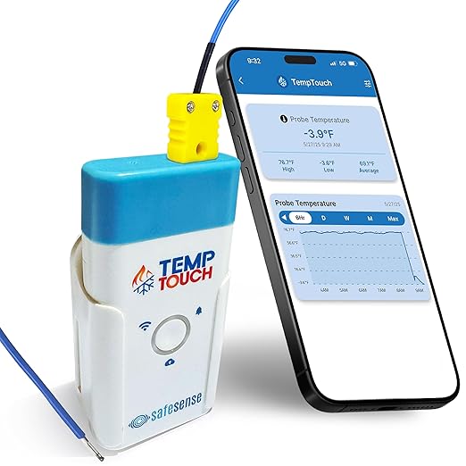 TempTouch WiFi Thermocouple Sensor – Wireless Ambient & Probe Temperature & Humidity Monitor – Works with K, J, T, E, R, S, B, N Probes - App, Email and Text Alerts, Unlimited Data Logging
