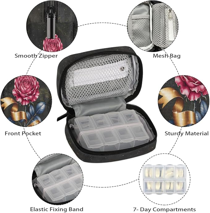 Beautiful Rose Art Pill Case Travel Pill Organizer Weekly 7 Day Portable with Zipper Medicine Box Pill Case for Vitamins, Birth Control,Fish Oils,Medication, Supplements
