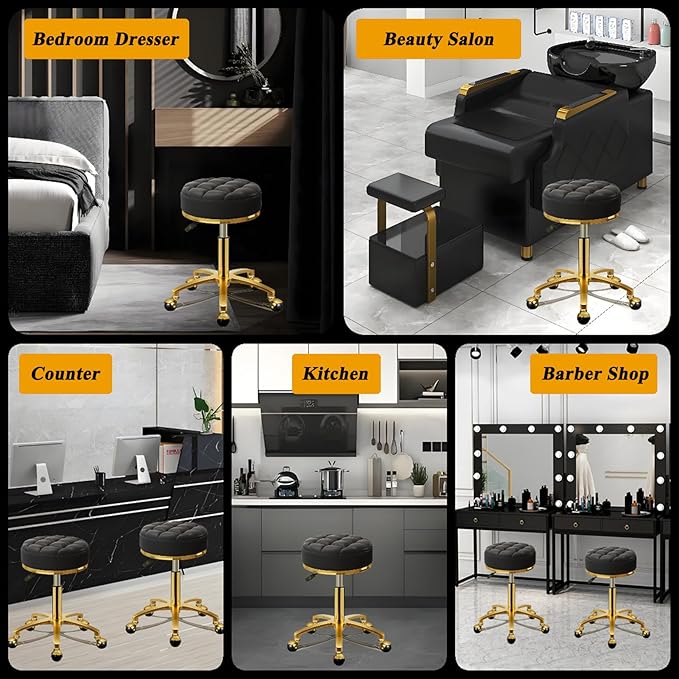 Rolling Stool Gold Vanity Stool with Wheels, Pedicure Massage Roller Stools, PU Leather Round Swivel Salon Spa Chair, Titanium Gold Base, Height Adjustable 43-55 cm (Black)