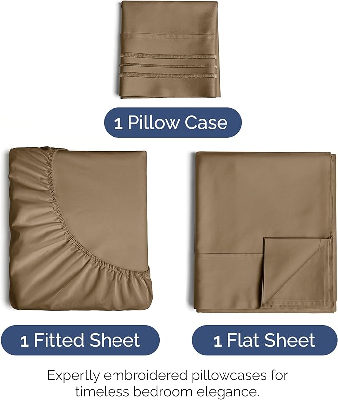 Twin Size 3 Piece Sheet Set - Extra Soft, Breathable & Cooling - Hotel Luxury Durable Bed Sheets for Women & Men - Deep Pockets, Easy-Fit & Wrinkle-Free - Neutral Brown Oeko-Tex