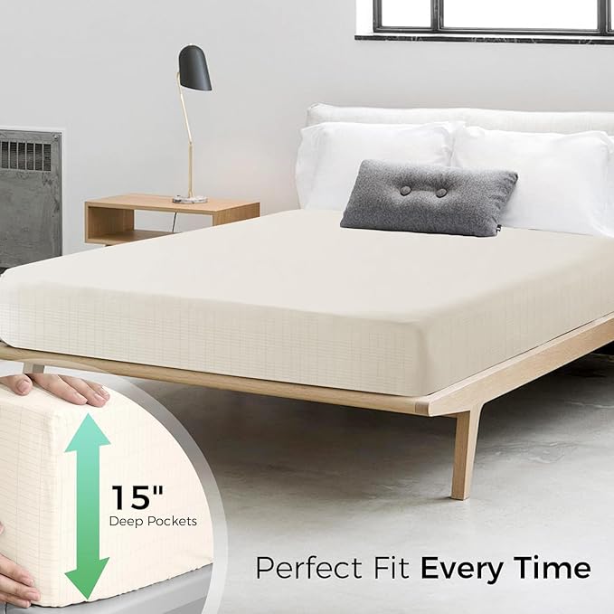 Grounding Sheets King Size, Earthing Fitted Sheets, 95% Cotton 5% Pure Silver Fiber, Grounded Sheets with Grounding Cord, Conductive Earthing Bed Sheet Grounding Cover for Better Sleep (Beige, King)