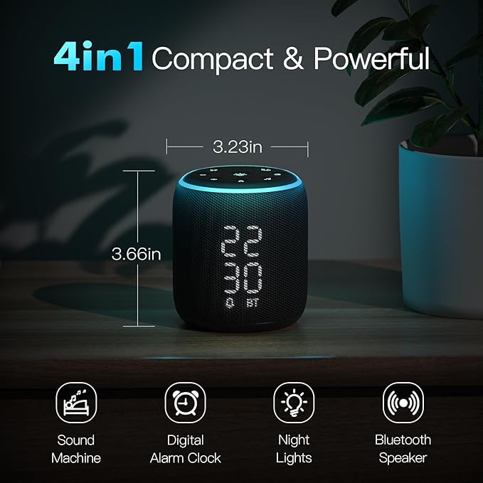REACHER Sound Machine Alarm Clock for Kids, Portable Sound Machine for Sleep Friendly, Small Rechargable Bluetooth Alarm Clock for Travel, Glow Night Light for Bedroom Nursery Travel Dorm Bedside