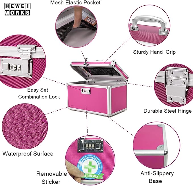 Lockable Medication Box with Portable Storage Case, 12.2''x 7.2''x 7.6'', Childproof Medicine Organizer with Combination Lock, Locking Box for Money, Documents & Meds (Pink/Medium)
