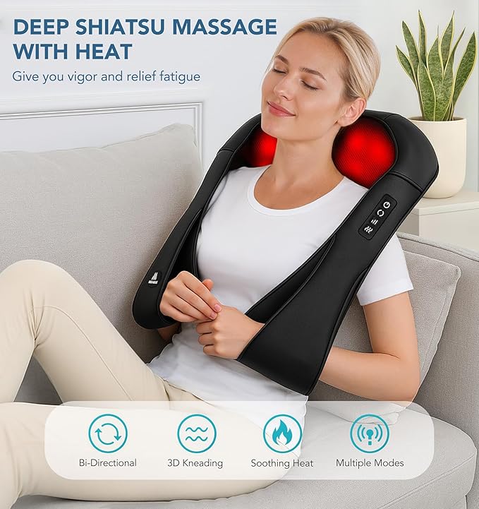 Neck Massager for Pain Relief Deep Tissue with Heat - Shiatsu Back and Shoulder Massage, Mothers Day Gifts for Mom Wife Women Her, Dad Men Him, Christmas, Fathers Day, Plug-in Use for Home Office Car