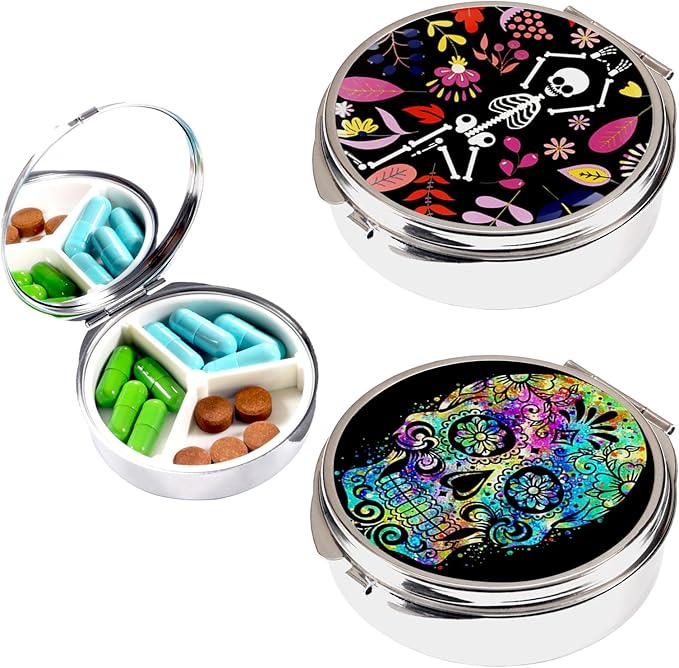 2pcs Pill Box,3 Compartment Small Pill Case for Pocket & Purse, Travel Metal Pill Organizer,Pill Container and Medicine Vitamin Organizer