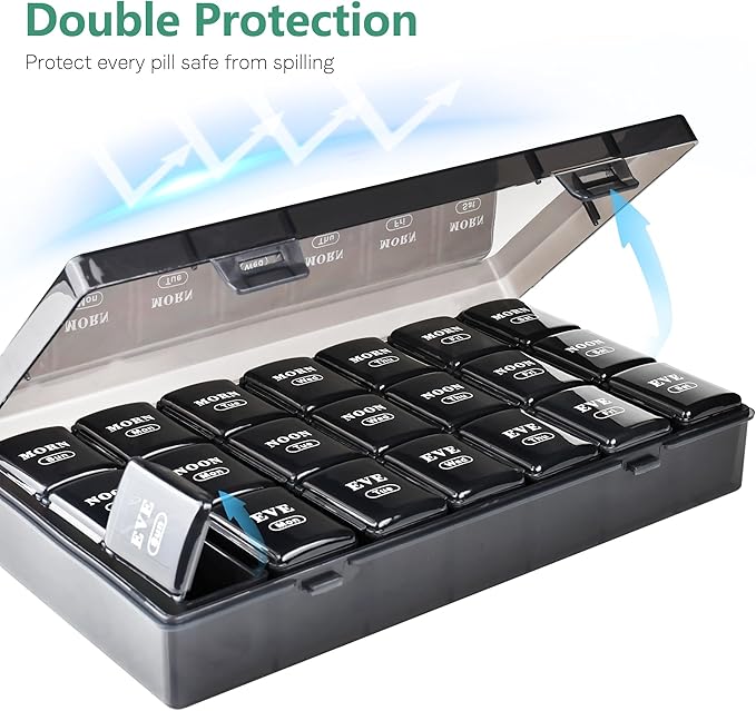 Large Weekly Pill Organizer 3 Times a Day, MOLN HYMY Dual Protection Portable 7 Day Pill Box, Travel Friendly Daily Pill Containers for Vitamins/Medication/Fish Oils/Supplements (Black)