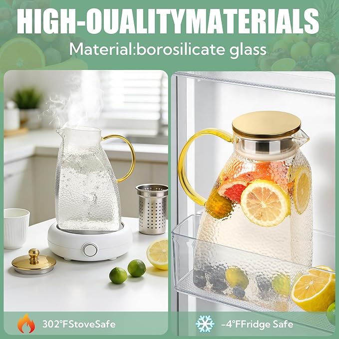 2 Pack Glass Pitcher with Lid and Handle, 1.8 Liter 60 oz Water Jugs for Fridge, Iced Tea Pitcher, Juice Carafe, Milk, Coffee, Hot/Cold Beverage Container（with Mixing Spoon and Cup Brush）