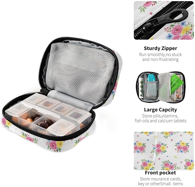 Summer Floral Pill Organizer Case Watercolor Color Flowers 7 Day Travel Pill Box with Zipper Portable Weekly Vitamin Medicine Supplement Holder Pouch Bag