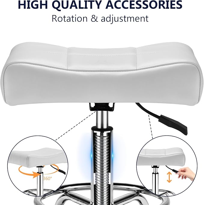 Square Salon Rolling Stool - 300lbs Weight Capacity，Adjustable Swivel Stool with Wheel，Pu Leahter Comfortable Cutting Stools for Salon Tattoo Stylist Massage Perfect for Work SPA (White)