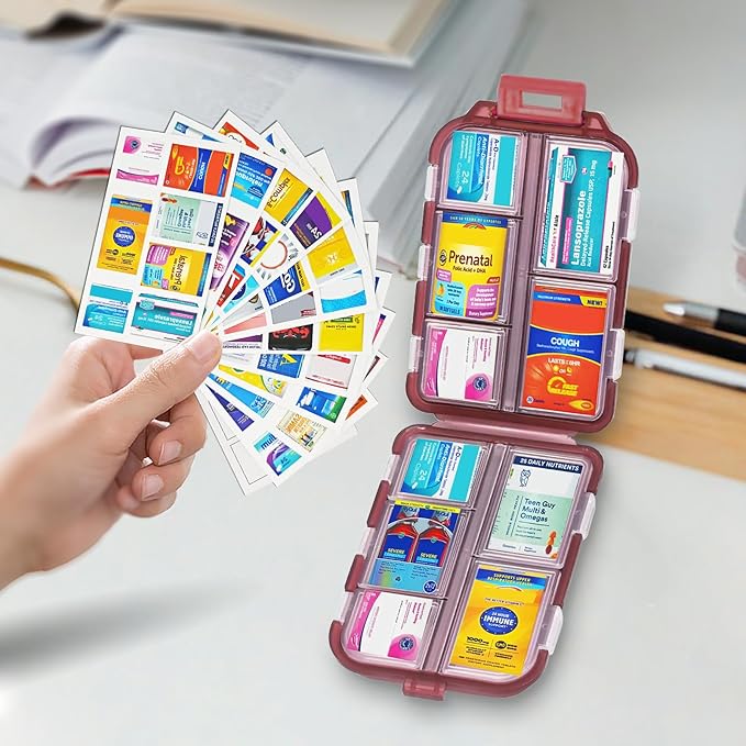 INVODA 7-Day Pill Organizer with Medicine Labels Travel Pill Case Compact, Portable Medication Organizer for Daily Use (3.7 x 2.4 x 1.18 Inches)