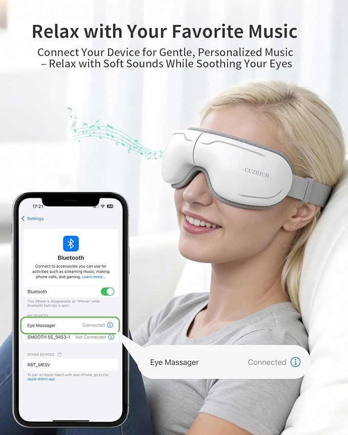 Eye Massager with Heat and Compression - Classic White Heated Eye Mask with Vibration, Bluetooth Music, 6 Modes, Rechargeable 1200mAh Battery for Eye Strain, Dry Eyes, Migraines Relief