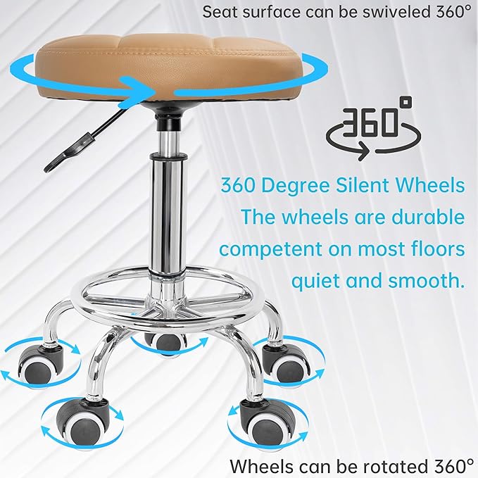 PU Leather Rolling Stool Height Adjustable Round Swivel Stools for Spa Salon Massage Work Chair with Foot Rest Brown
