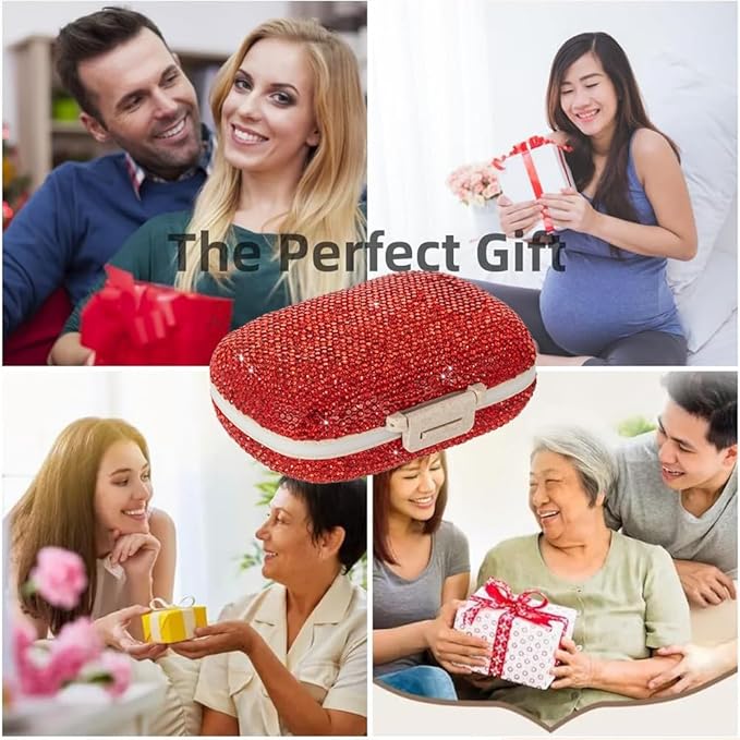 Daily 6 Compartments Pill Box Container Bling Diamond for Purse Medicine Container Holder for Women Travel Kit Medicine (Red)