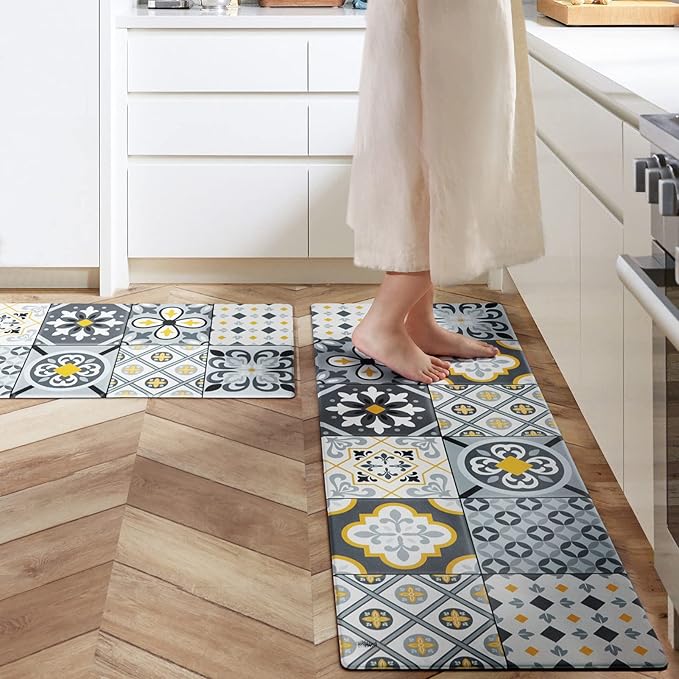 Ashler Kitchen Mats Anti-Fatigue Kitchen Rugs, Non-Slip Waterproof Kitchen Floor Mats, 2PCS Ergonomic Comfort Foam Standing Rug for Kitchen, Office, Floor, Laundry, 17x47 in & 17x29 in, Light Grey