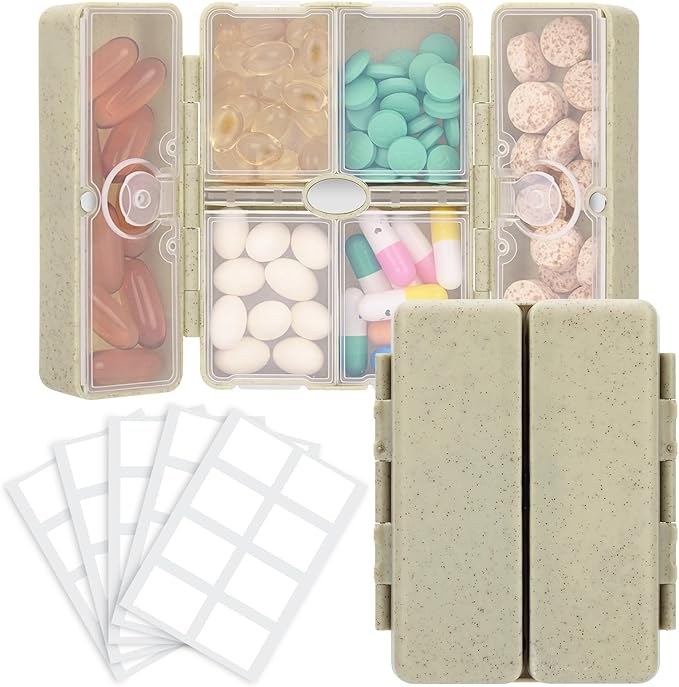 FYY Travel Pill Organizer with Blank Lables,6 Compartments Magnetic Pill Organizer Pill Box for Purse Pocket to Hold Vitamins,Cod Liver Oil,Supplements and Medication-Khaki