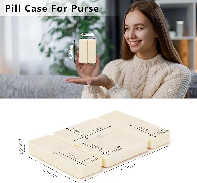 FYY Daily Pill Organizer, 7 Compartments Portable Pill Case Travel Pill Organizer,[Folding Design] Pill Box for Purse Pocket to Hold Vitamins,Cod Liver Oil,Supplements and Medication-White